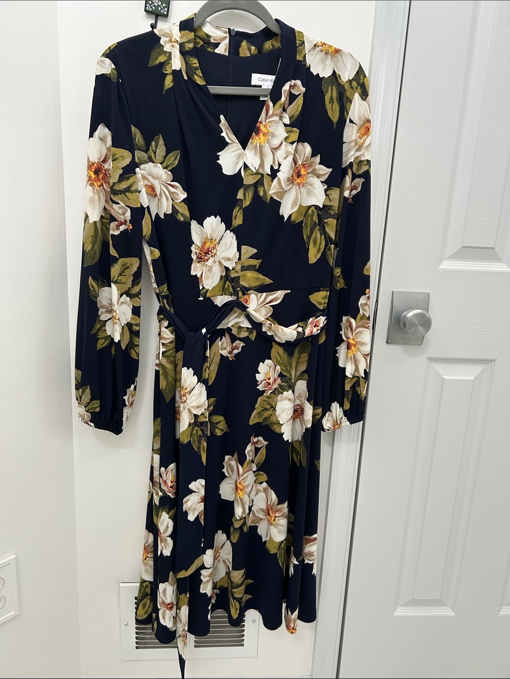 Calvin Klein Floral Wrap Midi Dress - Navy with White Floral